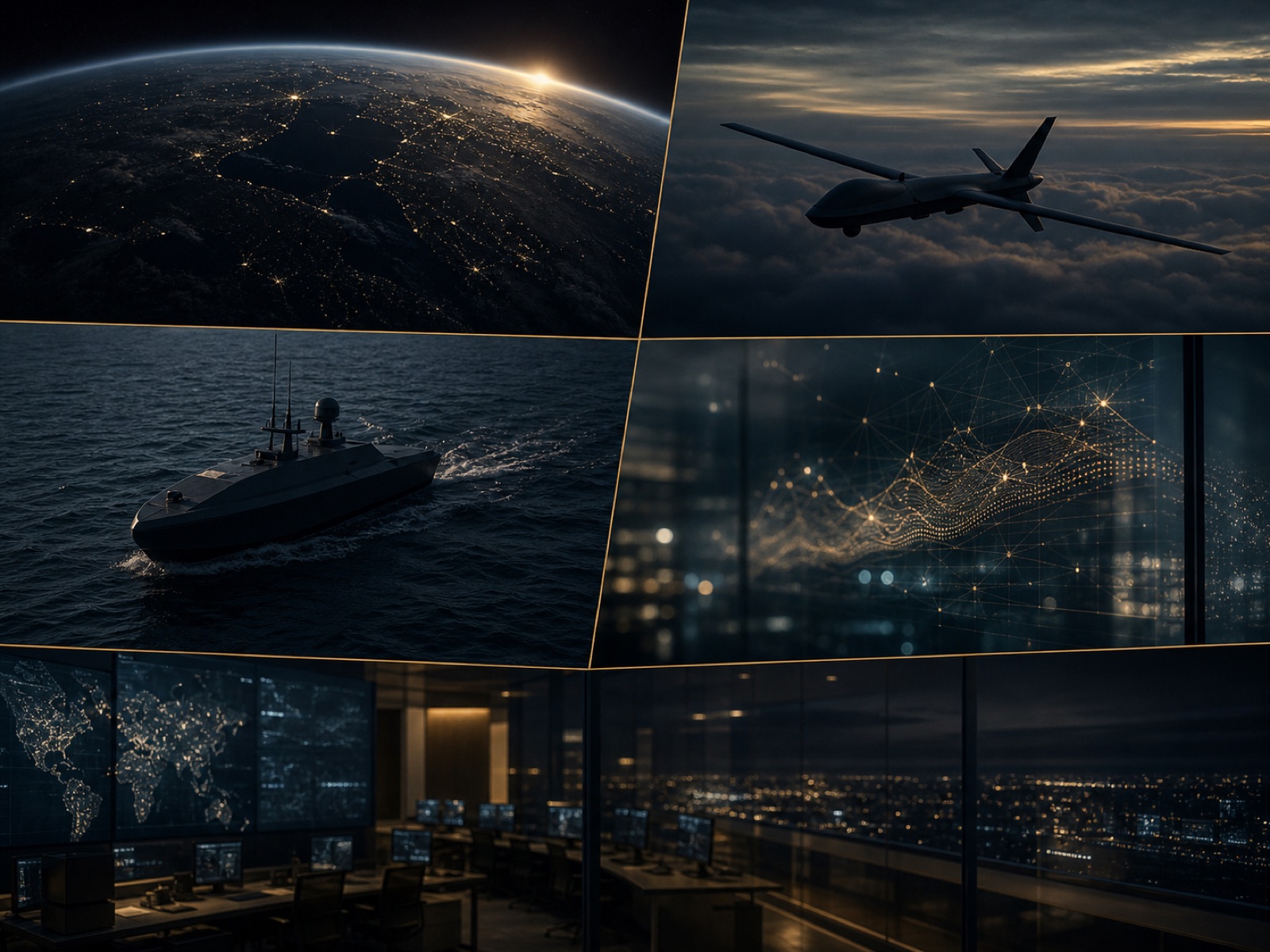 A cinematic mosaic of Earth, autonomous air and maritime systems, cyber technology, and an operations environment